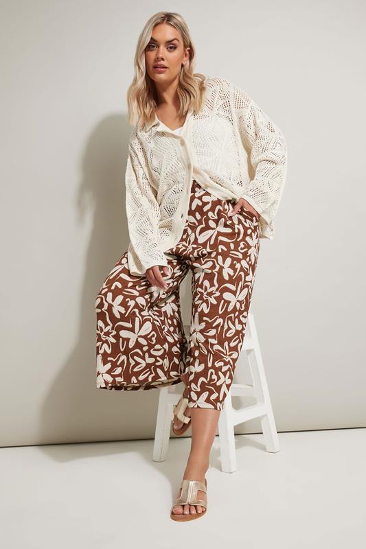 YOURS Plus Size Brown Floral Print Textured Midaxi Culottes | Yours Clothing 1