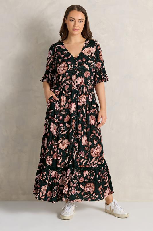 EVANS Plus Size Black Floral Crinkle Button Through Maxi Dress | Evans 2