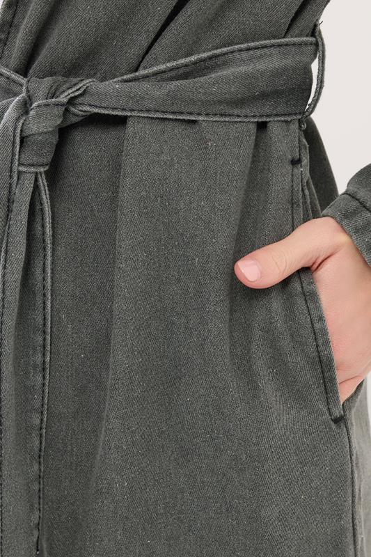 PixieGirl Petite Women's Grey Wash Denim Longline Cotton Trench Coat | PixieGirl 5