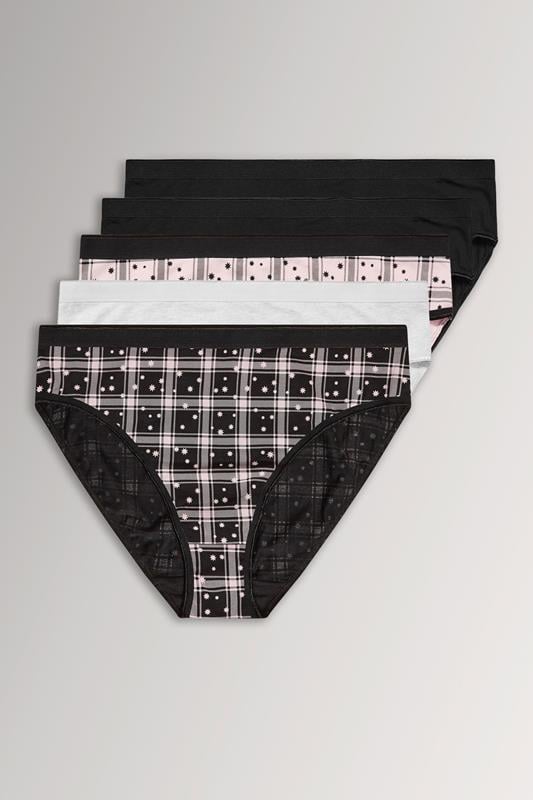 YOURSET 5 PACK Curve Black & Pink Check Print High Leg Knickers