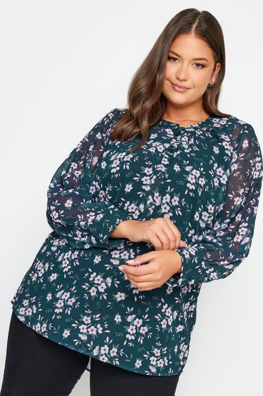 Plus Size  YOURS Curve Teal Blue Floral Print Balloon Sleeve Shirt