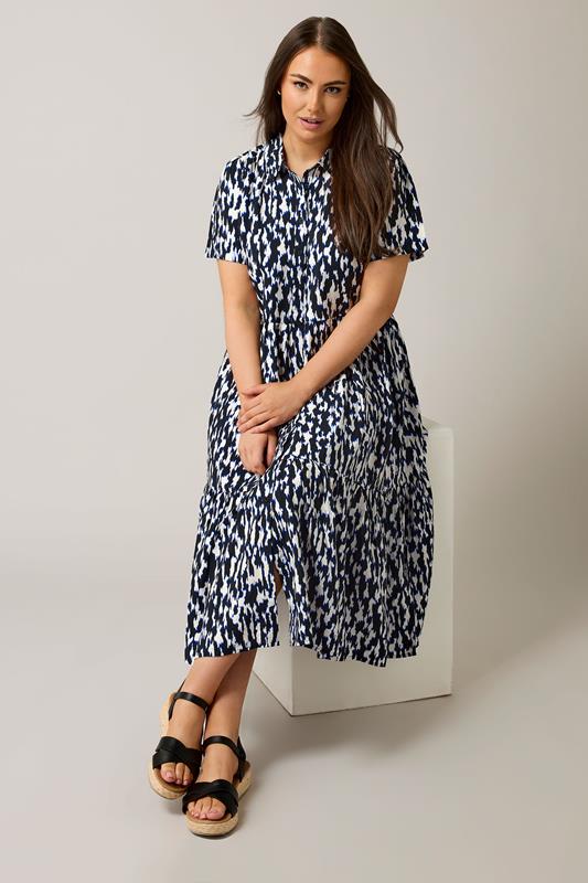 EVANS Plus Size Navy Blue Abstract Print Midi Shirt Dress | Evans  1