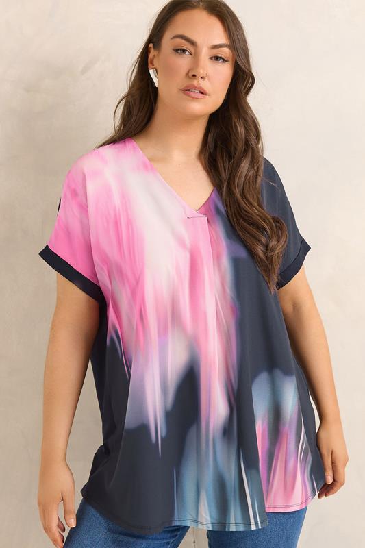 EVANS Plus Size Navy Blue & Pink Blurred Top 1