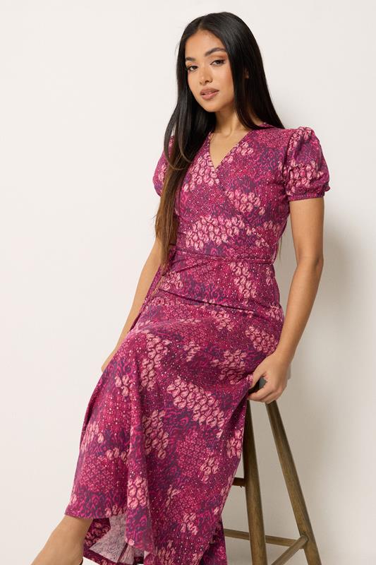 M&Co Petite Berry Red Abstract Maxi Wrap Dress | M&Co 1