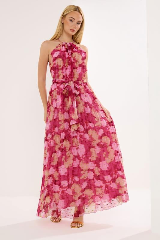 STAR Pink Blurred Abstract Metallic Pleated Dress