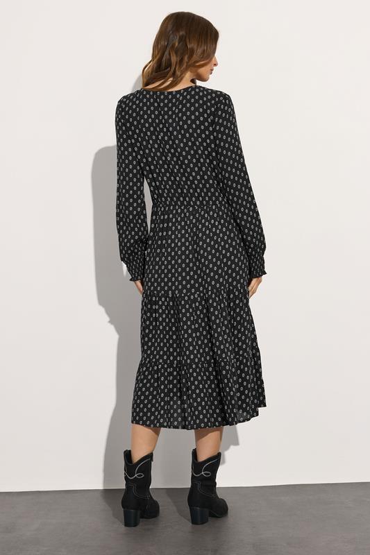 M&Co Black Dobby Long Sleeve Tiered Midi Dress | M&Co