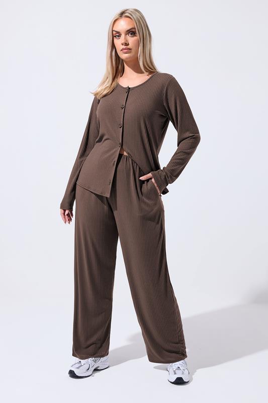 LIMITED COLLECTION Plus Size Brown Ribbed Wide Leg Trousers | Yours Clothing 1