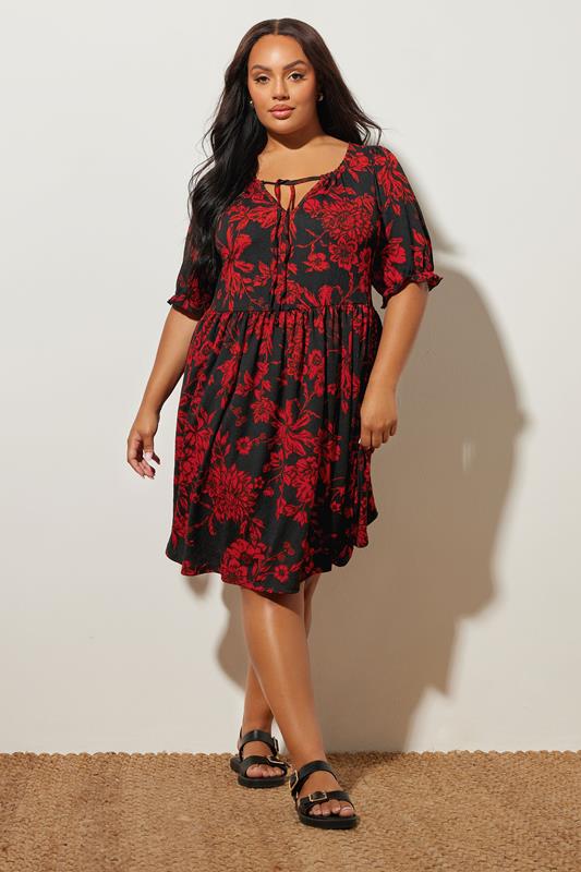 YOURS Plus Size Black & Red Floral Tie Neck Mini Dress | Yours Clothing 1