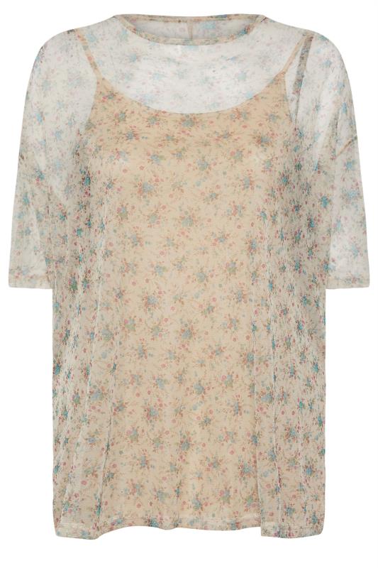 YOURS Plus Size Natural Brown & Blue Floral Oversized Mesh Top | Yours Clothing 5