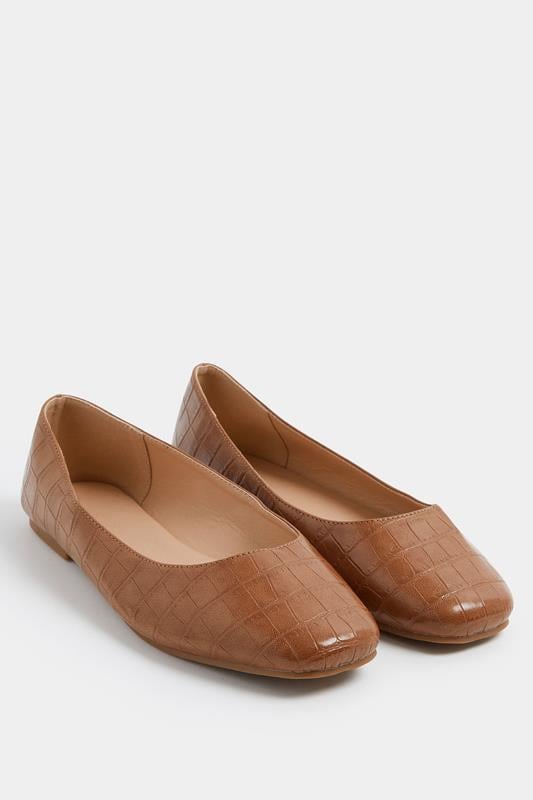  Yours Brown Croc Square Toe Ballet Pumps In Wide E Fit