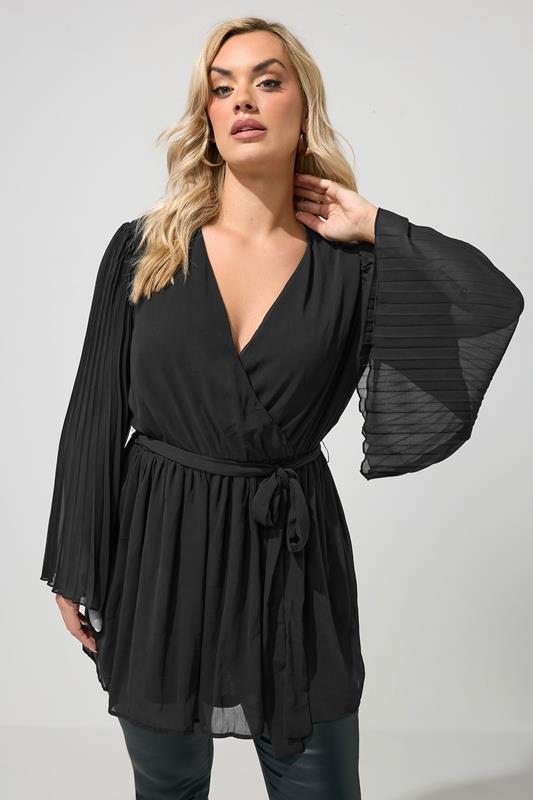 YOURS LONDON Curve Black Pleat Sleeve Wrap Top
