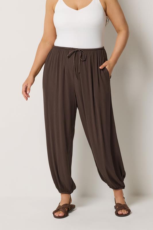 YOURS Plus Size Chocolate Brown Cuffed Balloon Trousers | Yours Clothing 1