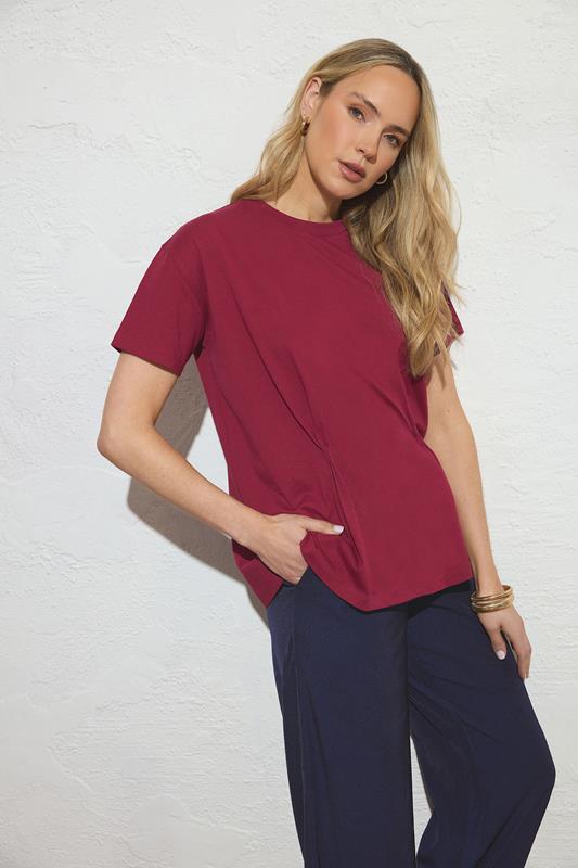 LTS Tall Burgundy Red Pleat Front Cotton T-Shirt