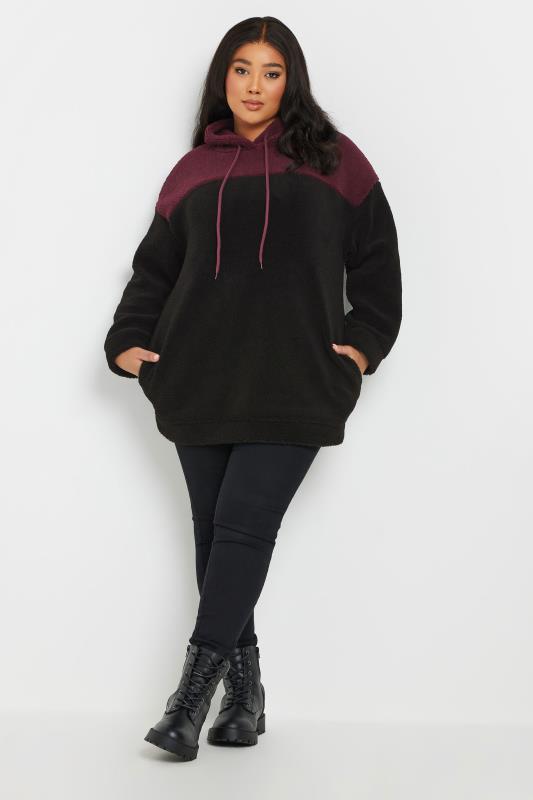 YOURS Plus Size Black & Burgundy Red Colourblock Teddy Fleece Hoodie | Yours Clothing  1