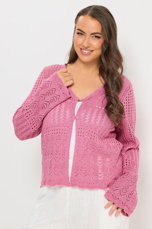 YOURS Plus Size Pink Pointelle Knitted Cardigan | Yours Clothing 1