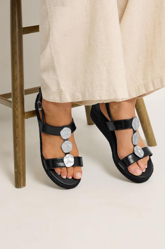 Black Hammered Disk Wedge Sandals In Wide E Fit | Yours Clothing 1