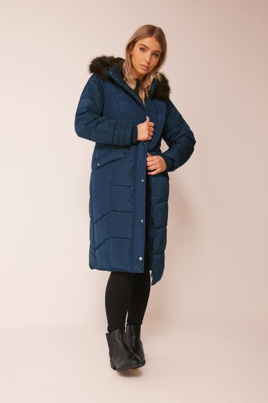 Women's  M&Co Navy Blue Faux Fur Trim Padded Coat