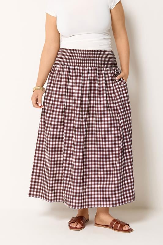 YOURS Plus Size Burgundy Red Gingham Maxi Skirt | Yours Clothing 1