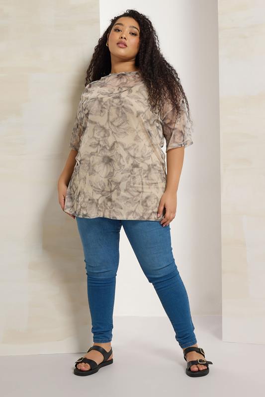 YOURS Plus Size Natural Brown Leaf Oversized Mesh Top | Yours Clothing 1
