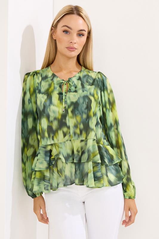  STAR Green Abstract Frill Hem Blouse