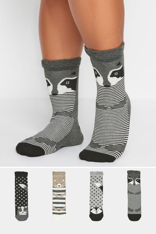 Plus Size  YOURS 4 PACK Grey Animal Print Ankle Socks