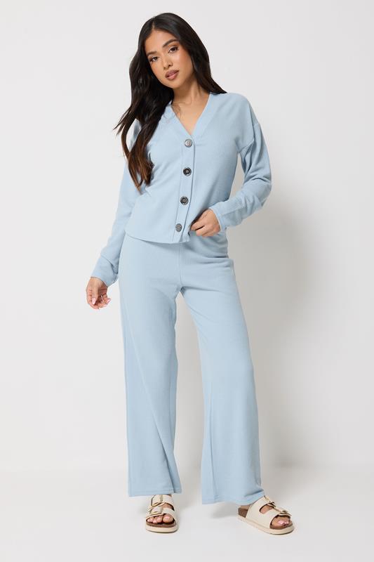 PixieGirl Petite Women's Light Blue Ribbed Wide Leg Trousers | PixieGirl 1