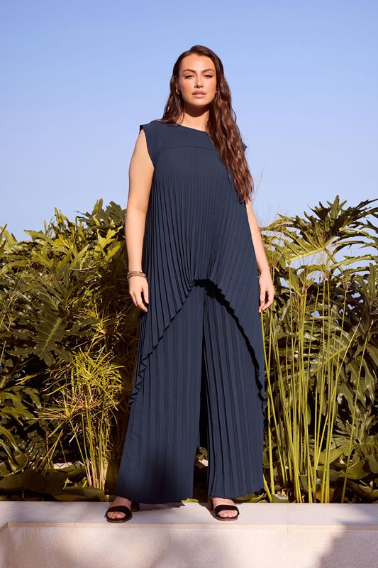 YOURS LONDON Plus Size Navy Blue Pleated Trousers | Yours Clothing 1
