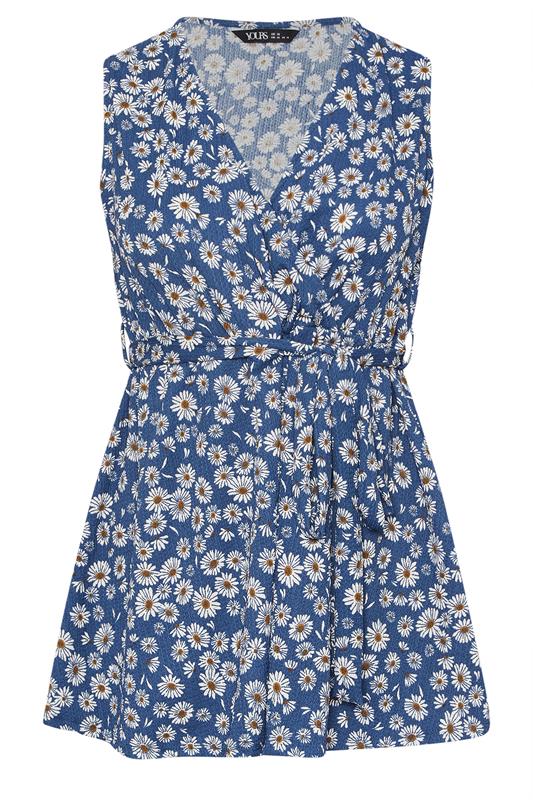 YOURS Plus Size Blue Daisy Print Sleeveless Wrap Top | Yours Clothing 5