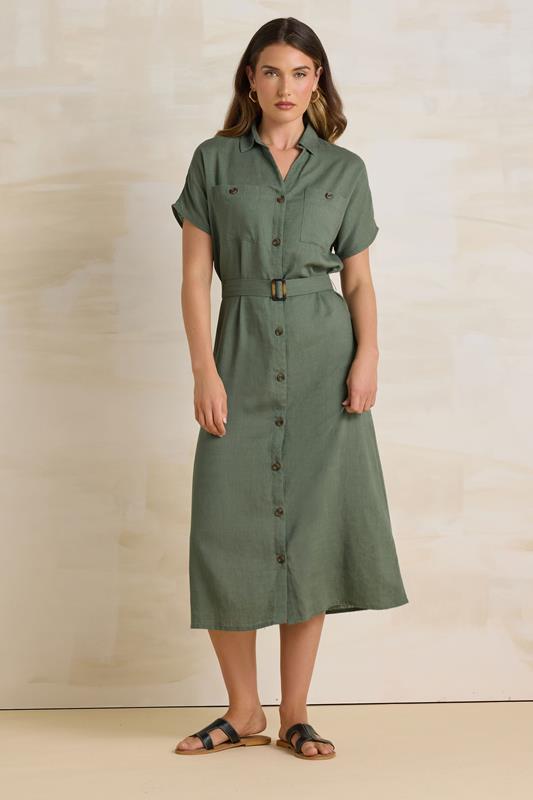 LTS Tall Khaki Green Linen Button Midi Dress | Long Tall Sally 1