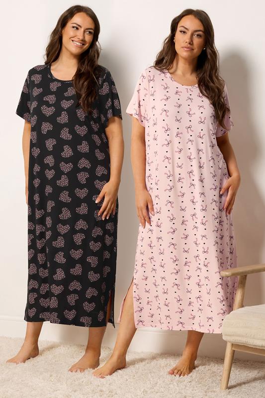  YOURSET Curve 2 PACK Pink Bow & Heart Print Midaxi Nightdresses
