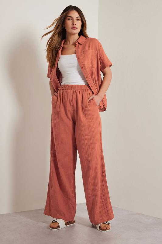 LTS Tall Rust Orange Cotton Cheescloth Wide Leg Trousers | Long Tall Sally 1