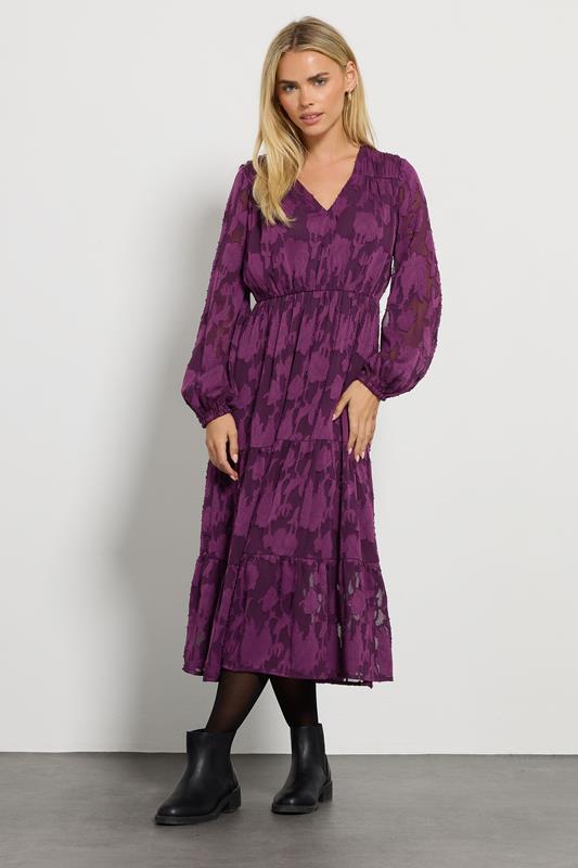 M&Co Petite Berry Purple Floral Jacquard Boho Dress | M&Co 2