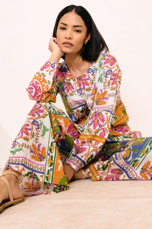 PixieGirl Petite Women's Orange Abstract Tile Print Cotton Wide Leg Trousers | PixieGirl 5