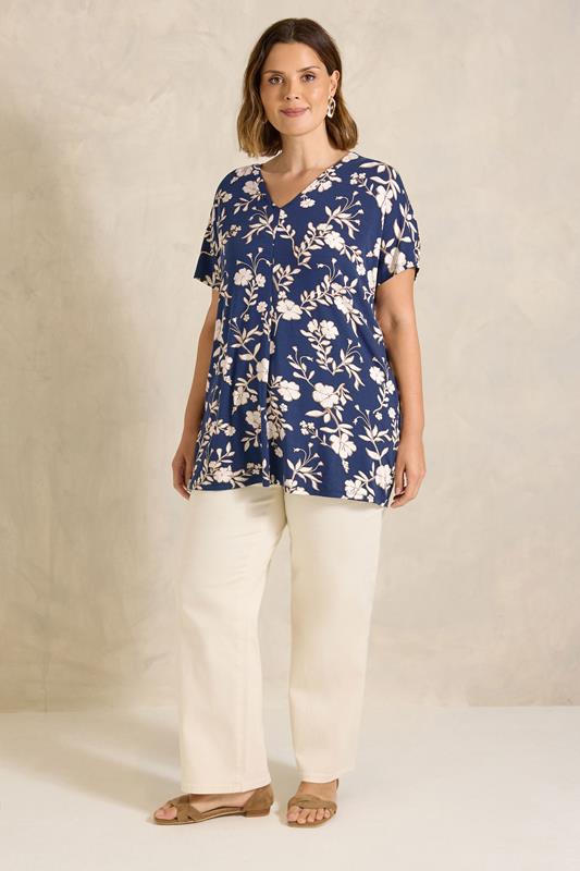EVANS Plus Size Navy Blue Floral Grown-On Sleeve Top | Evans 1