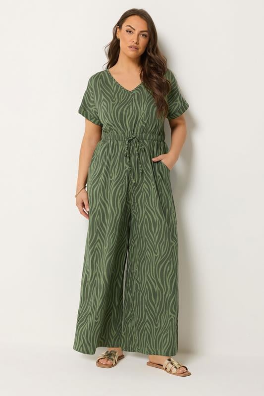 YOURS Curve Khaki Green Zebra Print Cotton Jumpsuit