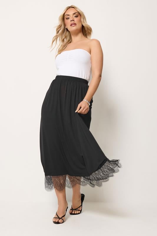 YOURS Plus Size Black Lace Trim Gathered Skirt | Yours Clothing 1