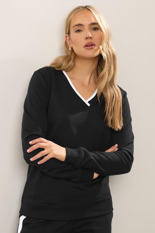 LTS Tall Black Contrast Ribbed Trim Sweatshirt | Long Tall Sally 1