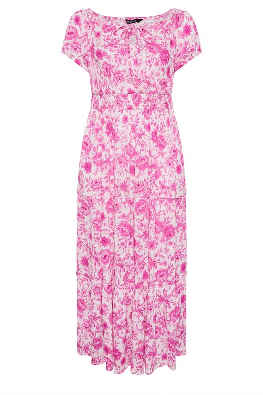 YOURS Plus Size Pink Floral Tie Neck Bardot Maxi Dress | Yours Clothing 5