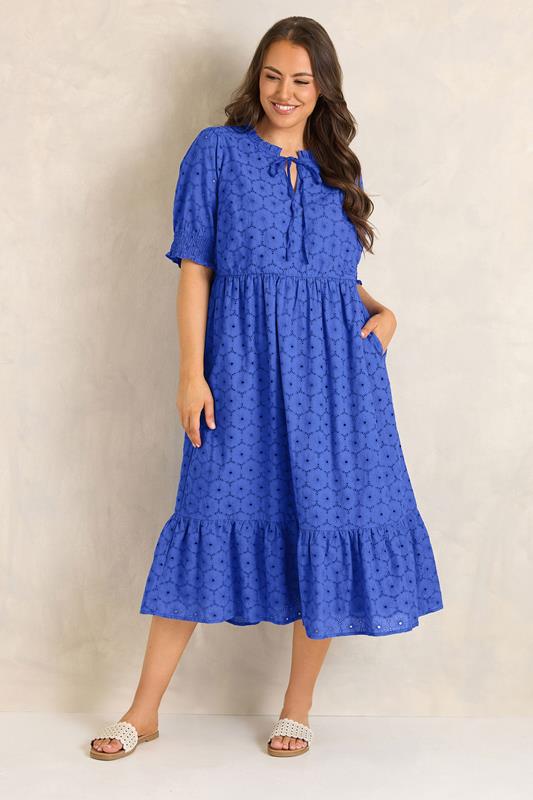 EVANS Plus Size Blue Tie Neck Broderie Cotton Maxi Dress | Evans 1