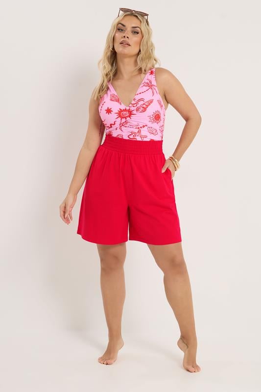 YOURS Plus Size Red Shirred Shorts | Yours Clothing 2