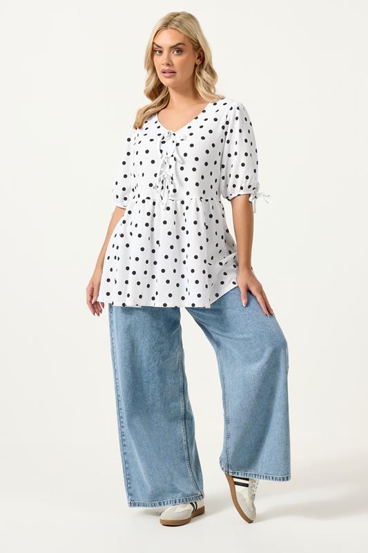 YOURS  Plus Size White Polka Dot Bow Front Peplum Top | Yours Clothing 2