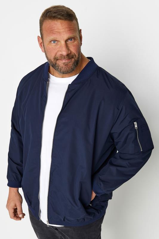 JACK & JONES Big & Tall Navy Blue Sleeve Zip Bomber Jacket