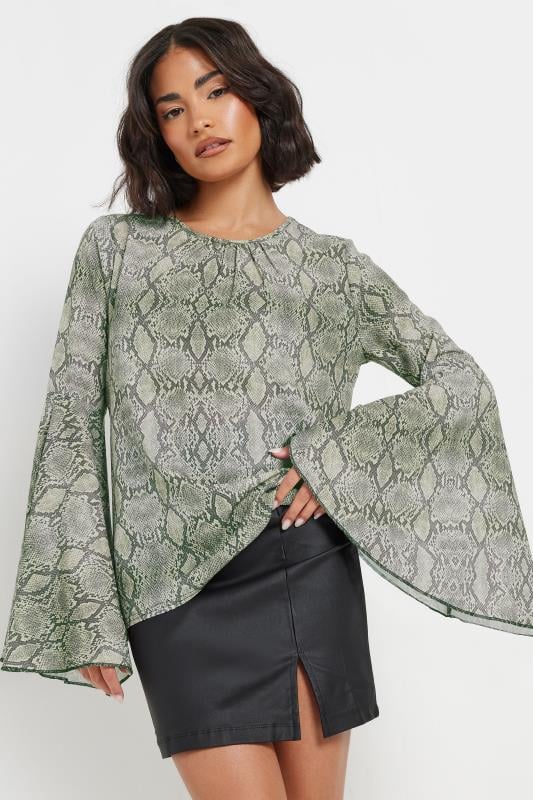 PixieGirl Petite Women's Grey Woven Snake Print Bell Sleeve Top | PixieGirl 1