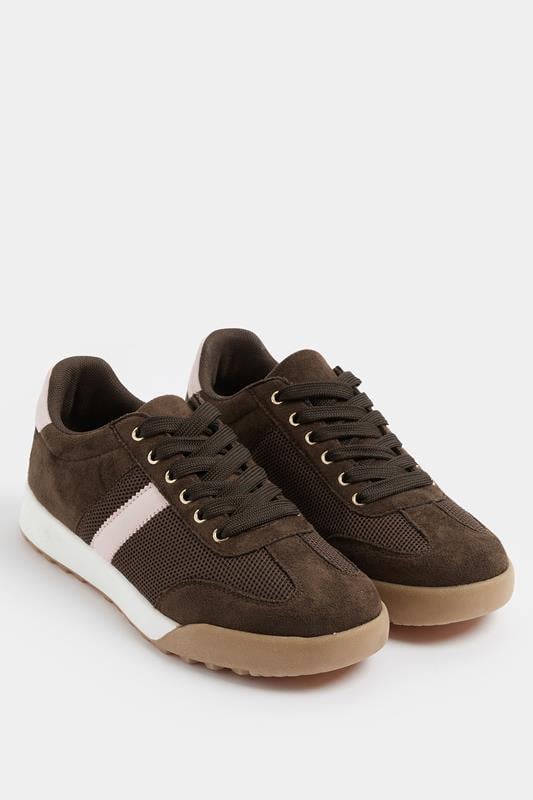  Yours Brown Side Stripe Gum Sole Trainers In Extra Wide EEE Fit