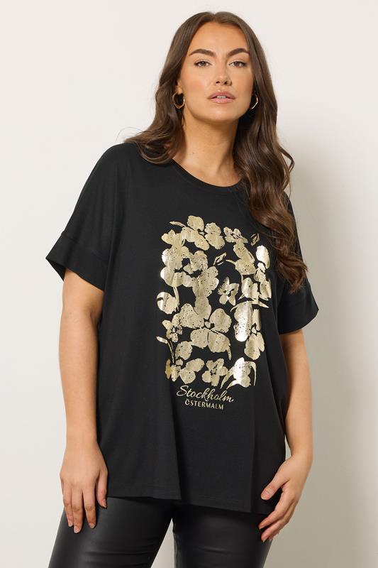 EVANS Plus Size Black & Gold Floral Foil Detail Modal Top | Evans 1