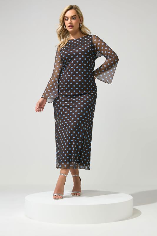 YOURS LONDON Plus Size Chocolate Brown & Blue Polka Dot Mesh Dress | Yours Clothing 1