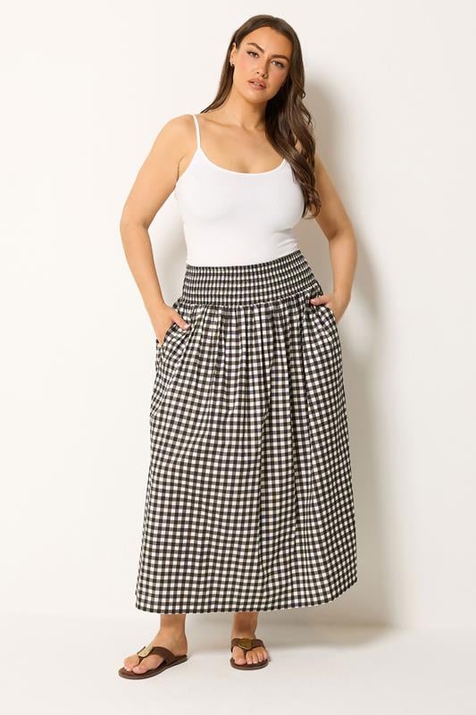 YOURS Plus Size Chocolate Brown Gingham Maxi Skirt | Yours Clothing 1