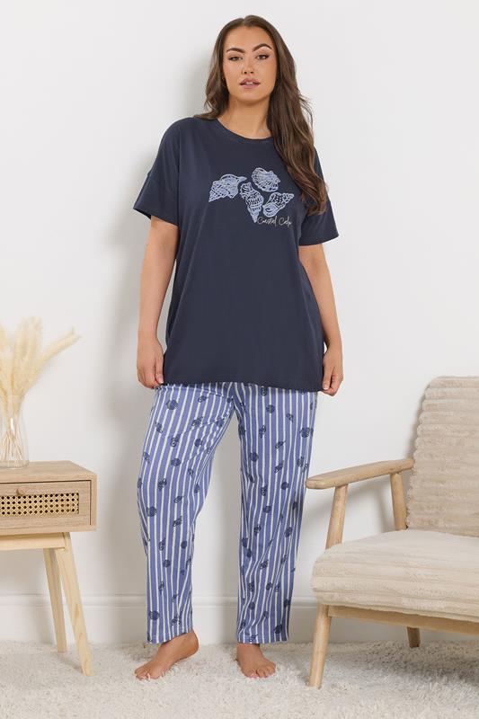YOURS Plus Size Blue 'Coastal Calm' Stripe Pyjama Set | Yours Clothing 1