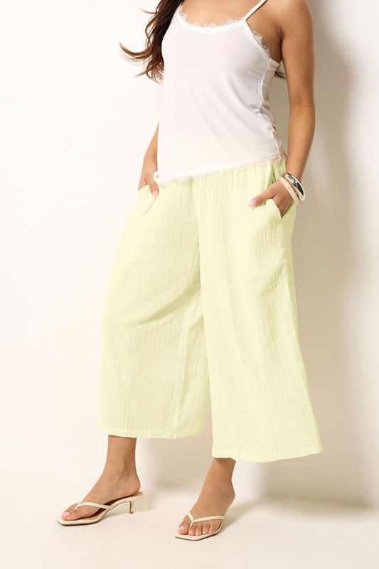 PixieGirl Petite Women's Lemon Yellow Cotton Cheesecloth Cropped Wide Leg Trousers | PixieGirl 1