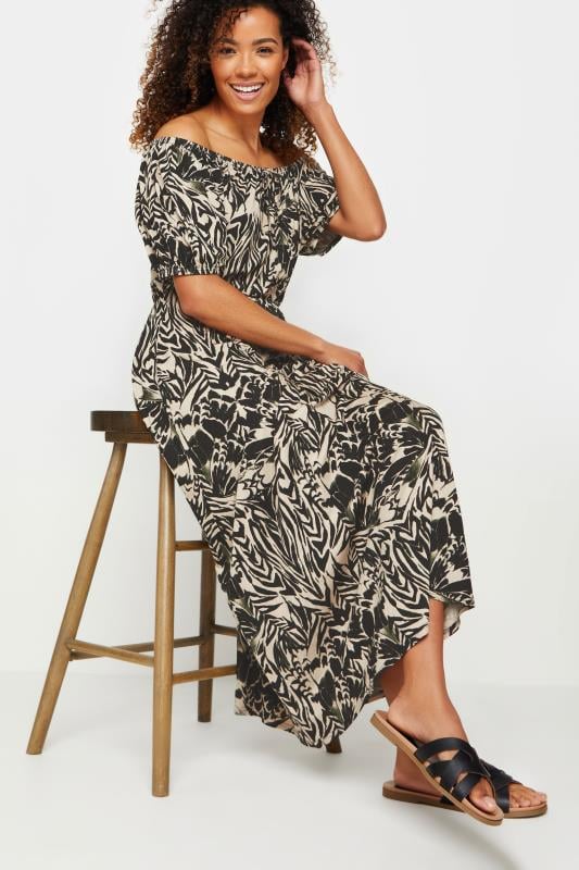 Women's  M&Co Neutral Brown & Black Abstract Print Bardot Dress